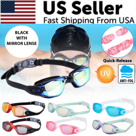 Clear Comfortable Swimming Goggles UV- Anti-Fog Swim Glasses Mirror Adult & Kids (Color: Black with Mirrored Lenses)