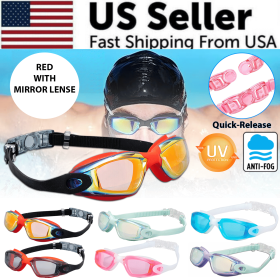 Clear Comfortable Swimming Goggles UV- Anti-Fog Swim Glasses Mirror Adult & Kids (Color: Red with Mirrored Lenses)