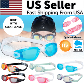 Clear Comfortable Swimming Goggles UV- Anti-Fog Swim Glasses Mirror Adult & Kids (Color: Blue with Clear Lenses)