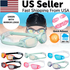 Clear Comfortable Swimming Goggles UV- Anti-Fog Swim Glasses Mirror Adult & Kids (Color: Green with Mirrored Lenses)
